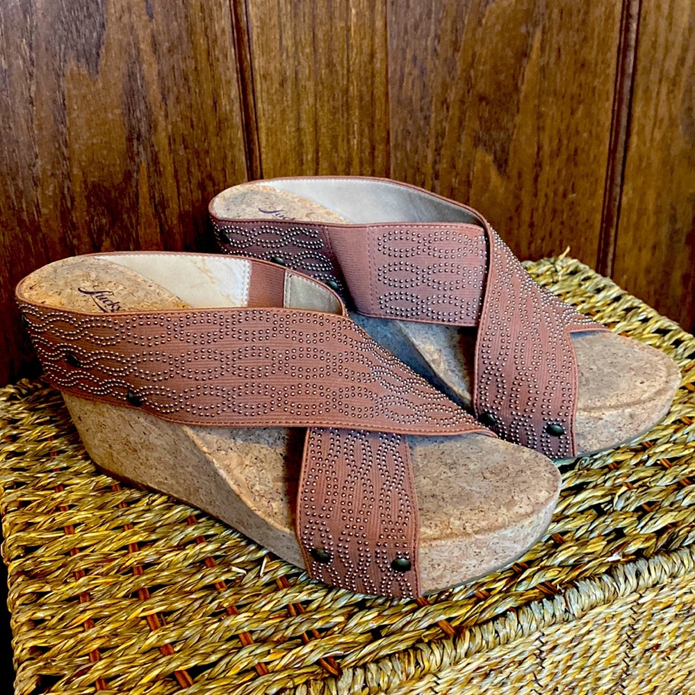 Lucky Brand Miller Wedge Studded Sandal-Brown-Women’s Size 9.5